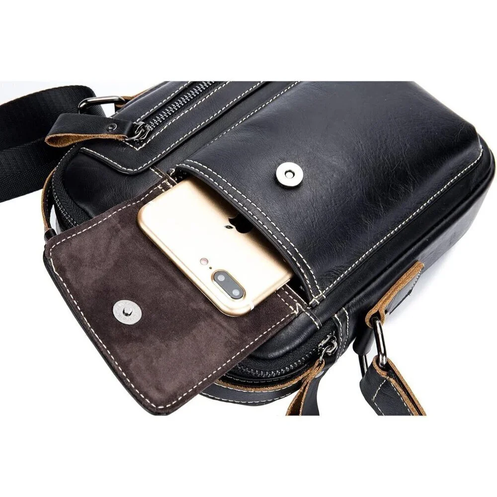 💫 Lukzijaes Leather Genuine Men Black Small Lightweight Sling Messenger Bags